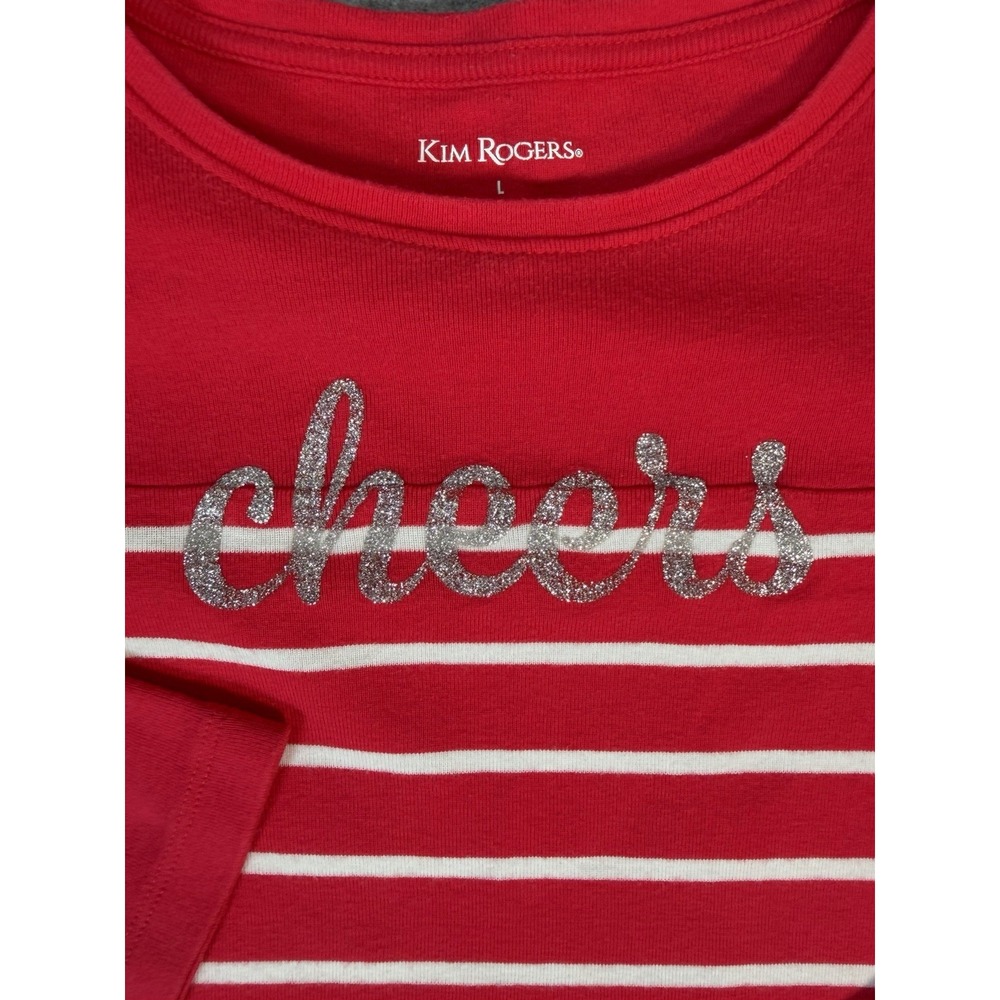 Kim Rogers Womens L Christmas Cheers Shirt Red Pink Stripe Long Sleeve Holiday - Picture 4 of 10